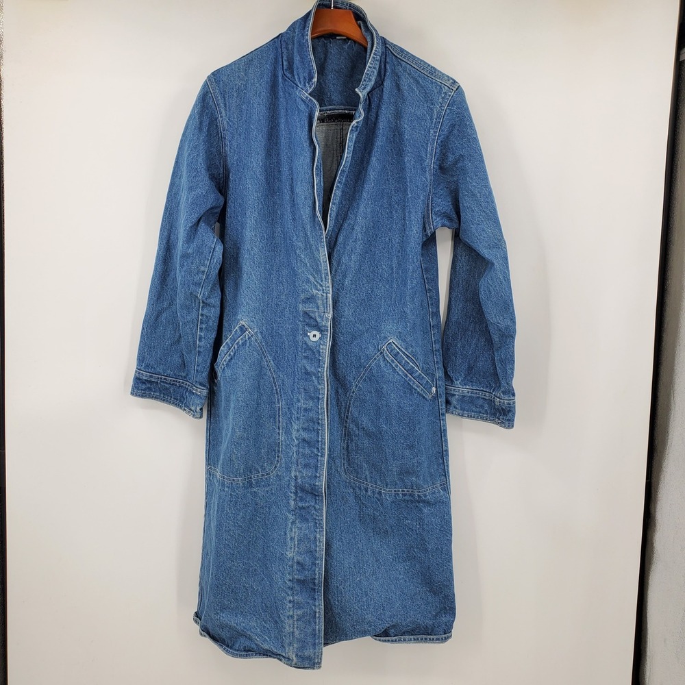 Vintage Denim Duster Coat Longline Trench Jean Jacket 90s Chore Oversized Grunge